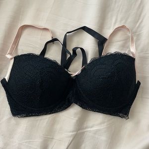 36D Black Lace Bra with Pink Satin and back detail